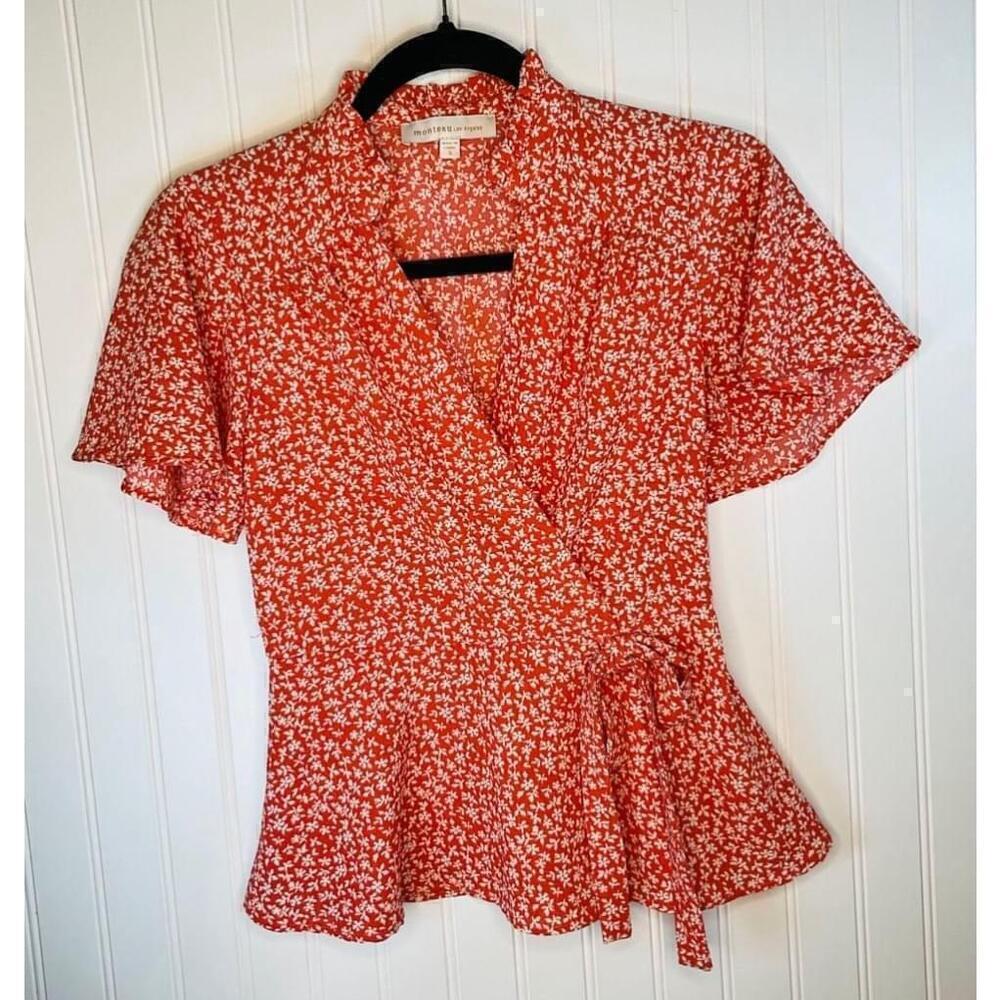Women's Monteau Los Angeles Red Floral Wrap Blouse Size S